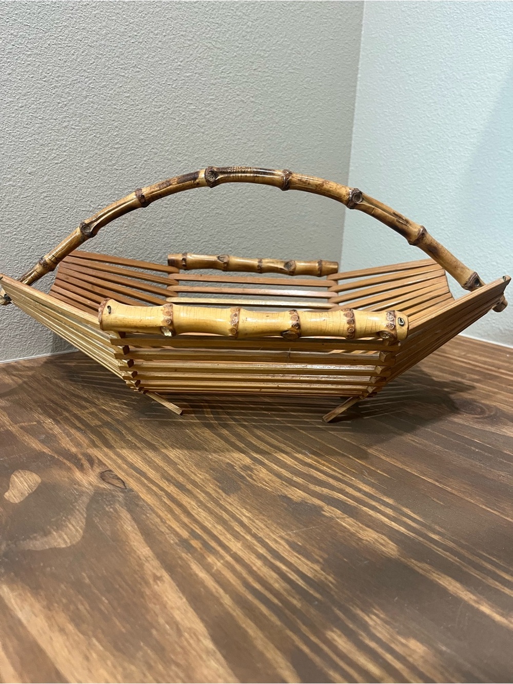 Vintage MCM Japanese Bamboo Footed Fruit Basket with Handle RARE
